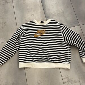Nike Black and White Striped Sweatshirt with Gold Logo